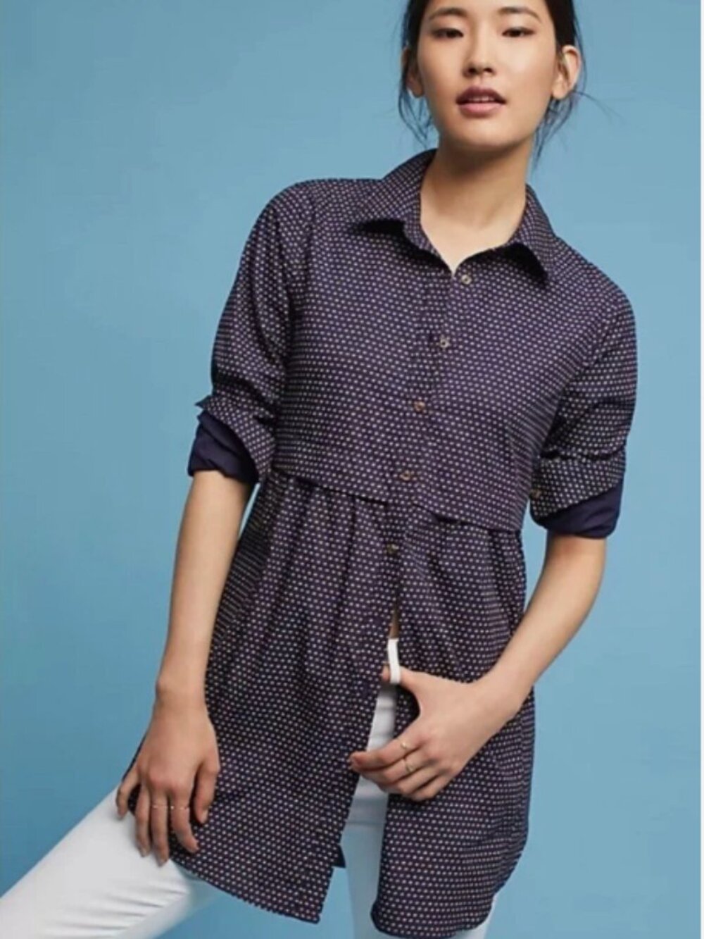 Anthropologie Maeve Aled Polka Dot Tunic Navy Blue sz S Boho Long Cotton Blouse